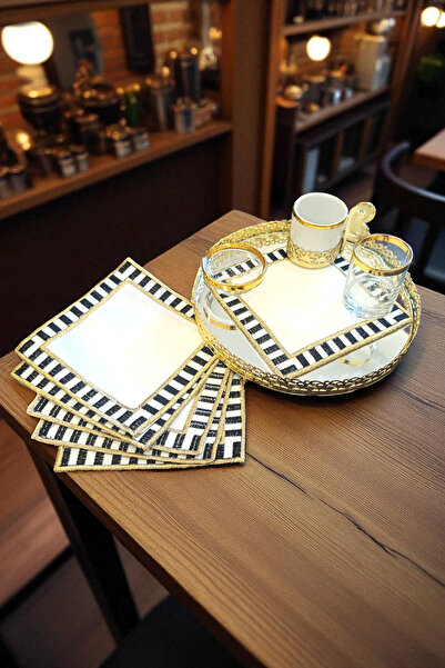 NAKIŞHAN Yıldız Özel Nakışlı Kahve Sunumluk Peçetesi-Siyah/Gold 6-Adet