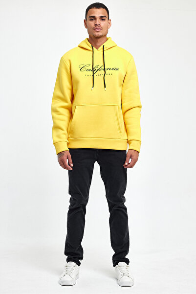 Superlife Ανδρικό φούτερ με κουκούλα, άνετο και άνετο, με εσωτερικό φλις, 3 κλωστές, EL Written California Printed Sweatshirt spr24sw03