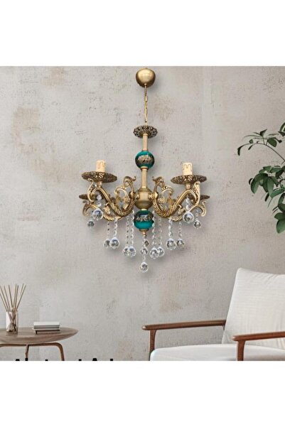 DEDE BEŞ KOLLU KRİSTAL TOP TAŞLI ESKİTME KAPLAMALI MAVİ SİYAH ÇİNİLİ METAL AVİZE