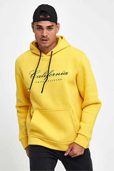 Superlife Ανδρικό φούτερ με κουκούλα, άνετο και άνετο, με εσωτερικό φλις, 3 κλωστές, EL Written California Printed Sweatshirt spr24sw03
