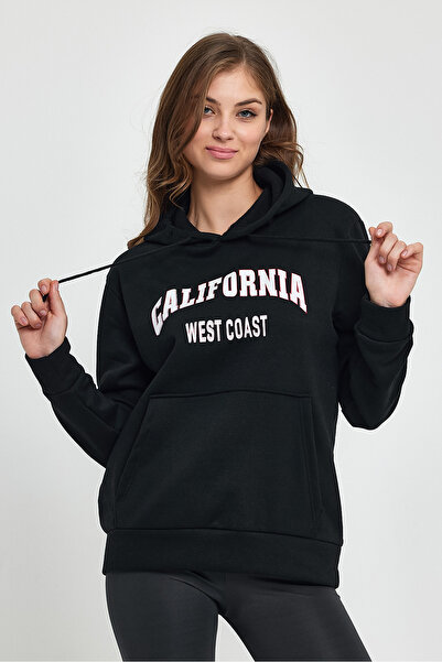 Superlife Women's Hooded Comfortable Fit Inner Fleece 3 Thread Kangaroo Pocket California West Printed Sweatshirt