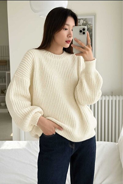 MODASPARK Ekru Bisiklet Yaka Oversize Kadın Triko Kazak