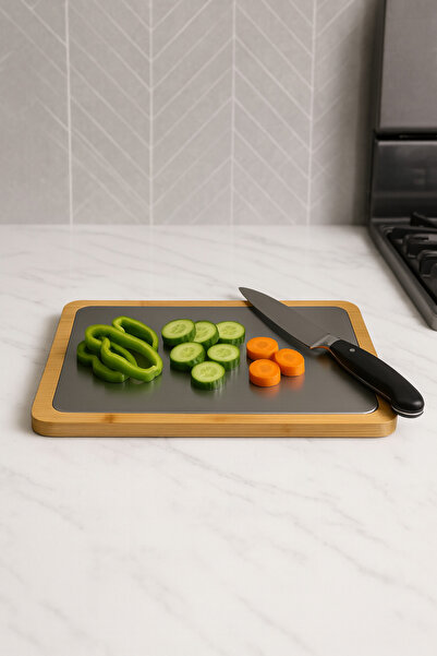 DrBambu Paslanmaz Çelik ve Bambu Dikdörtgen Kesim Panosu – Hijyenik ve Dayanıklı