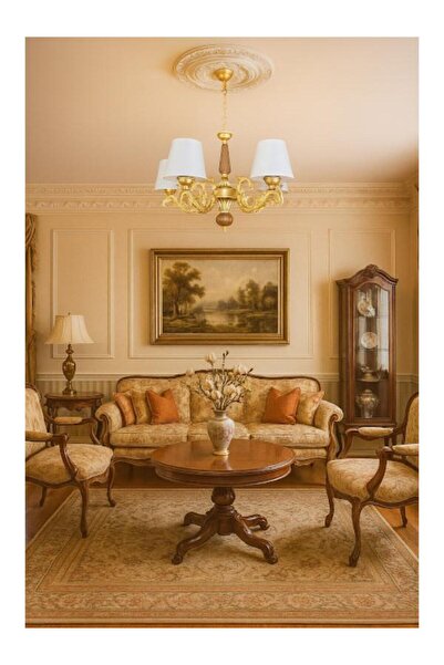 DEDE DOĞAL AHŞAPLI YARIMAT GOLD BOYALI BEŞ KOLLU KREM ŞAPKALI AVİZE