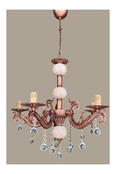 DEDE BEŞ KOLLU KRİSTAL TOP TAŞLI BAKIR KAPLAMALI KREM RENGİ ÇİNİLİ METAL AVİZE