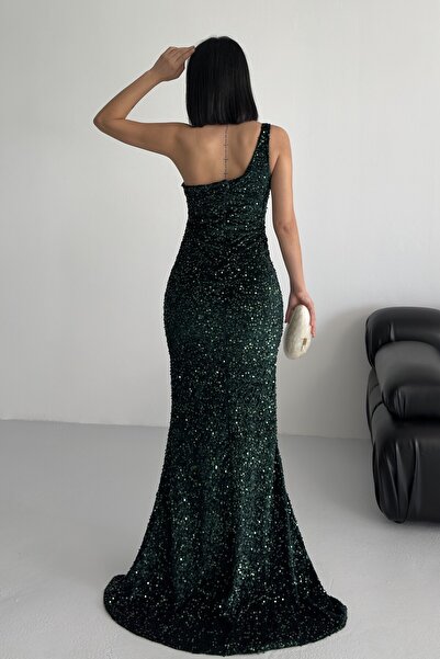 ALFUDO Moda Collection Trend Kadife Pullu Elbise Zümrüt