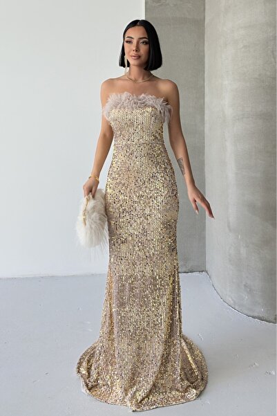 SELİN MODA EVİ Trend Sequined Feather Detailed Evening Dress Velvet Beige Dress