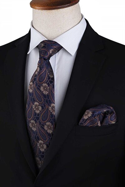 Kravatkolik Lacivert Şal Desen Mendilli Klasik Kravat KK13118