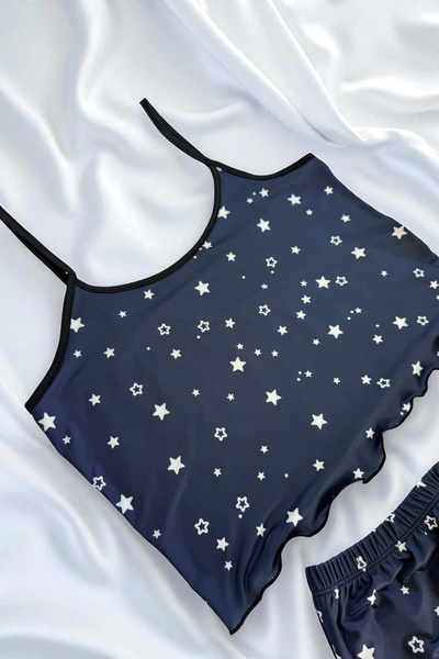 TeniModa Kadın Yıldız Desenli Lacivert Askılı Şortlu Gecelik & Pijama Takımı