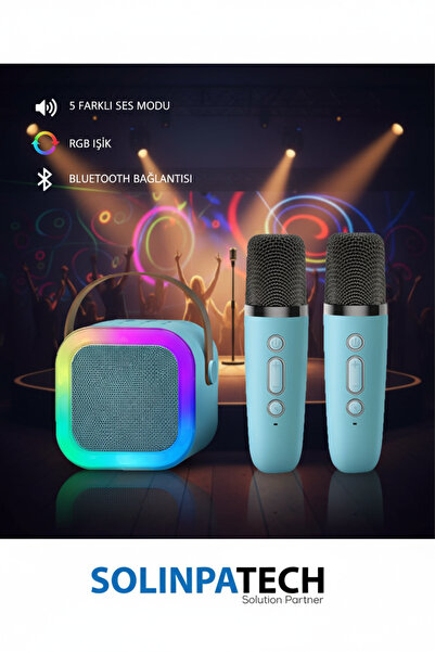 SolinpaTech Çift Karaoke Mikrofonlu Kablosuz Bluetooth RGB LED Işıklı 5 Ses E...
