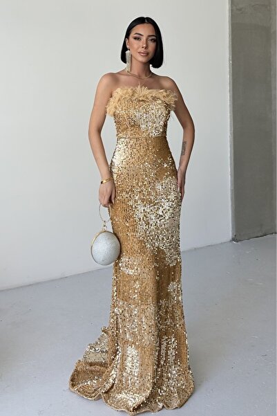 ALFUDO Moda Collection Trend Pul Payetli Tüy Detaylı Abiye Kadife Gri Elbise