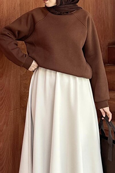 lamelif Düşük Omuz Üç İplik Sweatshirt Acı Kahverengi