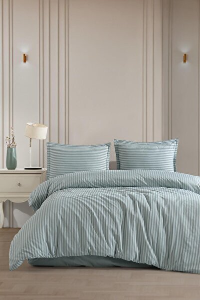 VAROL Lastikli Saten Çizgili Çift Kişilik Nevresim Takım