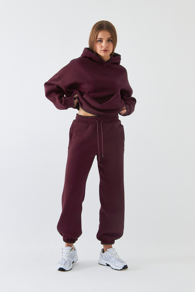 Gia Collection Σετ φόρμας Unisex Oversize Claret Red – Basic, 3-κλωνο ριγέ φλις; Φούτερ με κουκούλα, ελαστικό κάτω μέρος