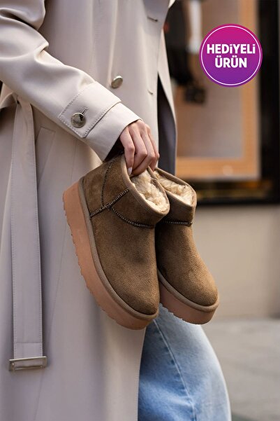 Zintra Kadın Süet Mini Vizon Renk Bot – İç Kürklü, Kalın Tabanlı Bilekte Şık Bot