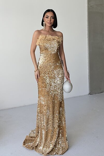 ALFUDO Moda Collection Trend Pul Payetli Tüy Detaylı Abiye Kadife Gri Elbise