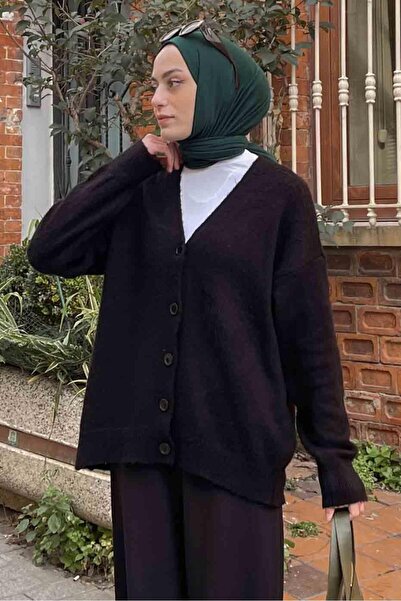 lamelif Şardonlu Düz Hırka Siyah