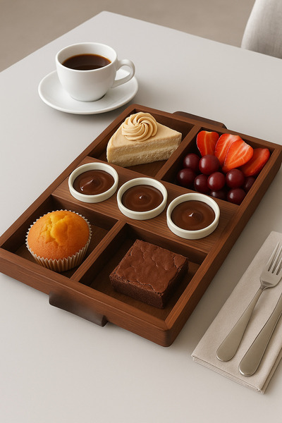Becenhouse Ahşap Fondü Servis Tabağı 4 Bölmeli 3 adet Sos Tabaklı El Yapımı