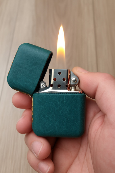 ASYA GIFTS El Yapımı Hand Made Hakiki Deri Metal Benzinli Çakmak