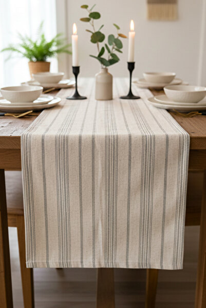 KAMİZ Cotton Linen Runner - Anthracite Striped, 40x150 Cm