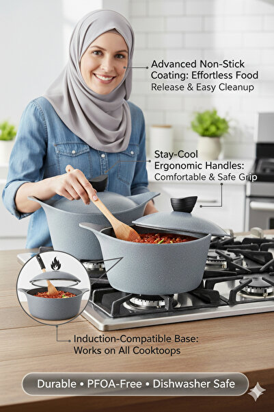 Badraig 9-Piece Granite Cookware Set Marble Nonstick Coating Grey