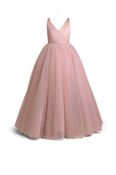 Tomac Σατέν φόρεμα για κορίτσια με διπλό λαιμόκοψη και ανοιχτή πλάτη-Φόρεμα βραδινό φόρεμα για κορίτσια με λεπτομέρεια φιόγκου σε πούδρα