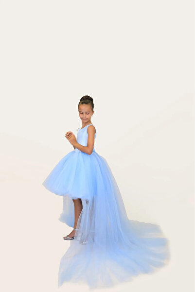 Tomac Kız Çocuk Arkası Uzun Kuyruklu Tütü Etek Mezuniyet Parti Elbisesi Mavi