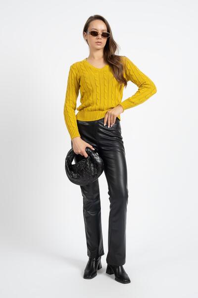 RTD&VLD Kadın Vt112 V Yaka Örgü Desen Triko Kazak Hardal %100 Pamuk