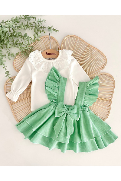 Jammybaby Luana Jile Elbise Fiyonklu %100 Pamuk Dantelli Çıtçıtlı Body Doğumgünü Özelgün Kız Bebek Şık Takım