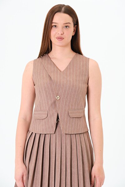 Sortie Collection Women's Brown V-Neck Striped Vest with Pocket Detail, Midi Length, 3 Metal Buttons