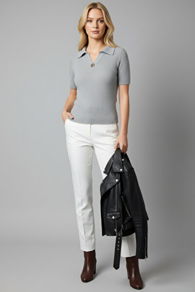 Butik بدلة نسائية من الكشمير الرمادي بأكمام قصيرة وتفاصيل طية صدر السترة