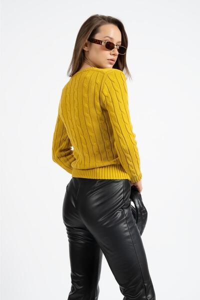 RTD&VLD Kadın Vt112 V Yaka Örgü Desen Triko Kazak Hardal %100 Pamuk