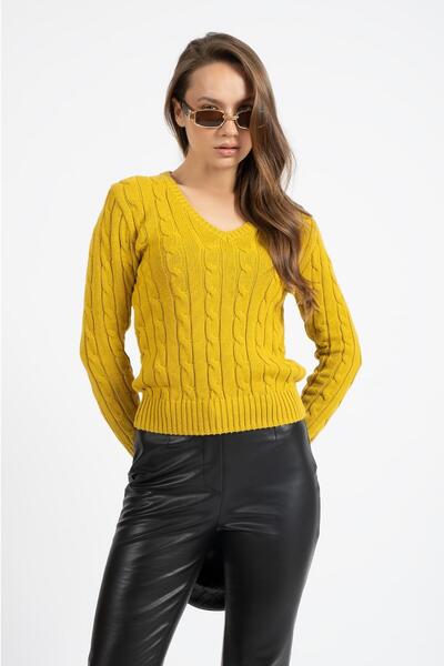 RTD&VLD Kadın Vt112 V Yaka Örgü Desen Triko Kazak Hardal %100 Pamuk