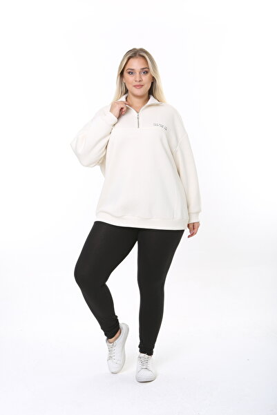 Avones Φούτερ μεγάλου μεγέθους με 3 νήματα, φλις μέσα, φερμουάρ και σλόγκαν με στάμπα, εκρού