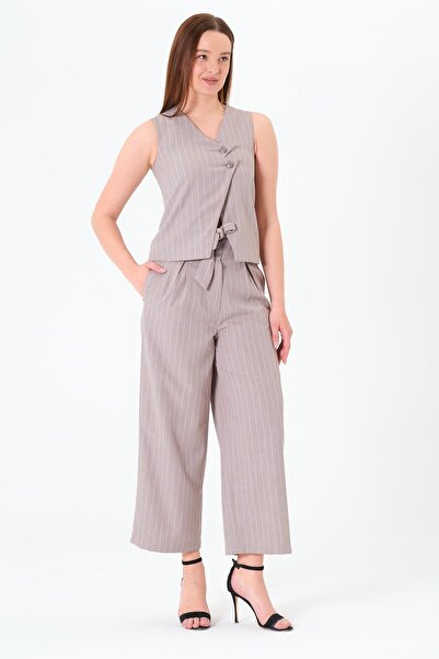 Sortie Collection Women's Gray Color V-Neck Striped Midi Length 2 Button Vest