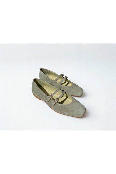 SALDA Genuine Leather Women's Water Green Suede Mary Jane Ballet Flats - Handmade Daily Comfortable Shoes