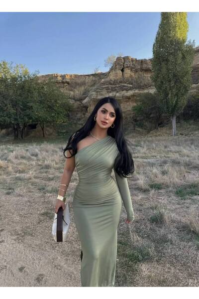 QUTTA Kadın Çağla Tek Kol Yanı Ve Omzu Büzgülü Drapeli Uzun Kol Elbise