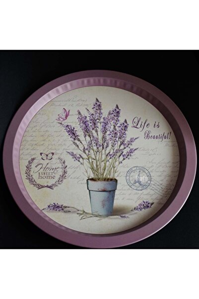 PUFO Life is Beautiful round metal tray plate for serving dessert, cakes, appetizers, 33 cm