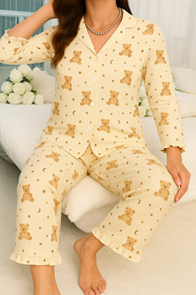 ELİTOL Yıldız Ayıcık Desenli Bürümcük Örme Uzun Kol Kadın Düğmeli Pijama Takımı