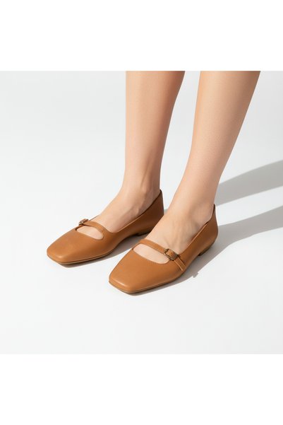 SALDA Genuine Leather Women's Tan Mary Jane Ballet Flats - Handmade Daily Comfortable Shoes
