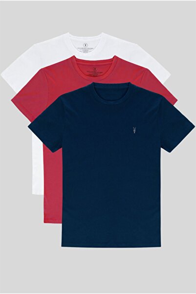 COMBİNE MİCHAİL مجموعة من 3 تيشيرتات رجالية ذات قصة ضيقة باللون الأحمر والكحلي والكاكي ورقبة دائرية مكونة من 3 تي شيرتات قطن 100%