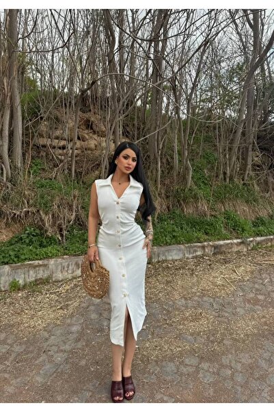 QUTTA Γυναικείο φόρεμα με λευκό γιακά πόλο με κουμπιά μηδενικό μανίκι