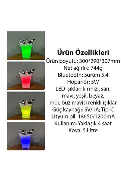 EZERE Hoparlör Buz kovası, 5l Bluetooth Hoparlör Ile Renkli Buz kovası Led