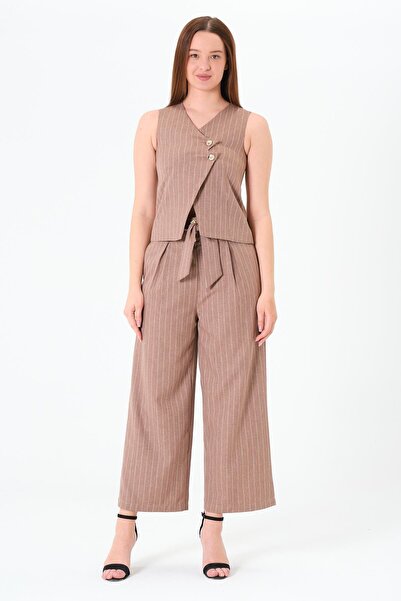 Sortie Collection Women's Brown V-Neck Striped Midi Length 2 Button Vest