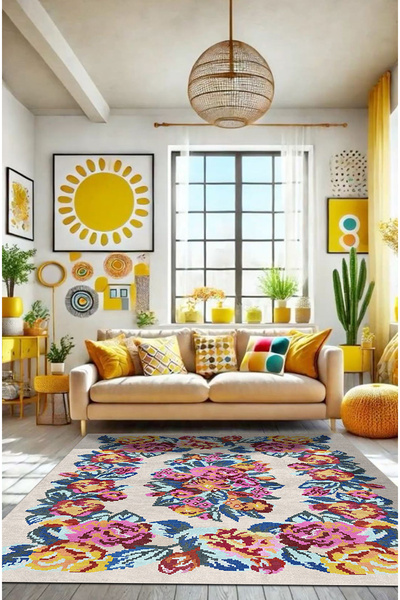 Modern Karabağ Çiçek Desenli Yıkanabilen Şönil Dekoratif Halı