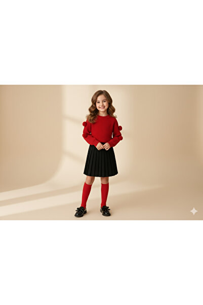 Nimini Kids New Season Flexible Crew Neck Pompom Sweater and Knitwear Pleated Detailed Skirt Top and Bottom Set (2-8 Years Old)