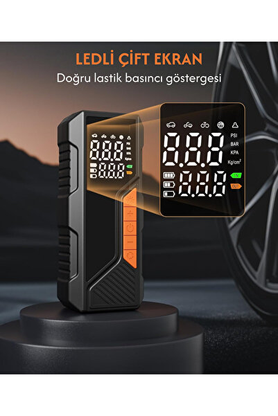 Enshall Dijital Göstergeli Led Işıklı Taşınabilir 4500mAh Araç Lastik Şişirme Hava Kompresörü