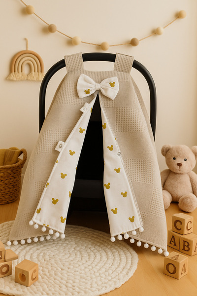 BeygeBaby %100 Pamuk Çift Katlı Kahve Waffle Pike ve Gold Mickey Desenli Çift...