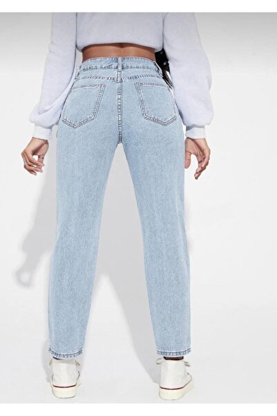 Asia Nicowomen's High Waist Blue Snow Wash Lycra Mom Jeans Boyfrend