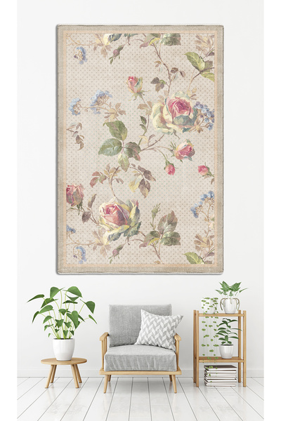 Modern Floral Desenli Kaydırmaz Pamuk Tabanlı Yıkanabilen Şönil Dekoratif Halı